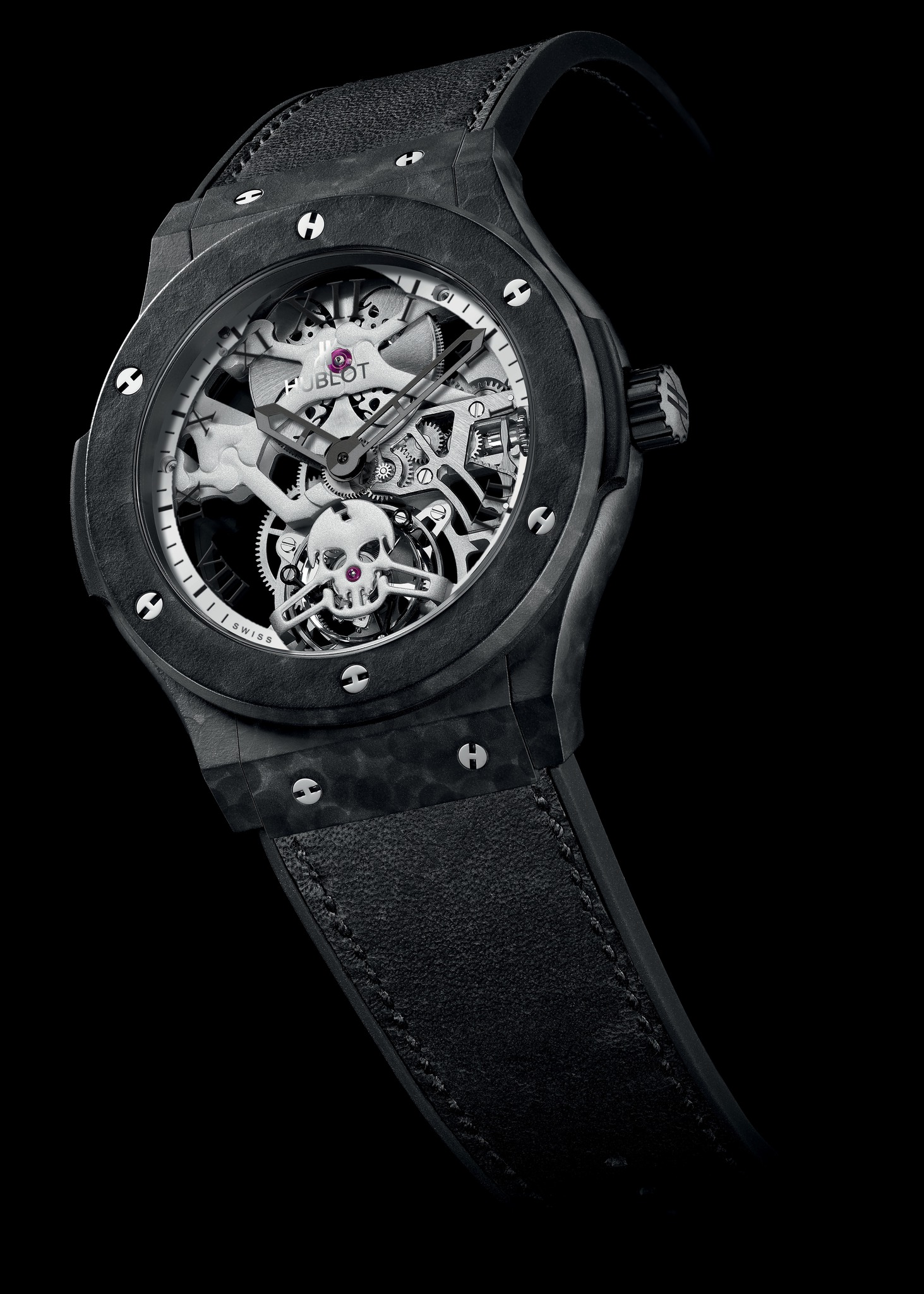 Replica Hublot 2014 New Classic Fusion Skeleton Tourbillon Skull Black Ceramic-Coated Aluminium 505.UC.0170.VR SKULL Replica Watch